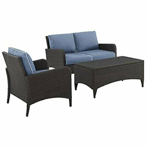 Crosley Brands Kiawah Outdoor Wicker Conversation Set - Loveseat, Arm Chair & Coffee Table, Blue & Brown - 3 Piece KO70031BR-BL